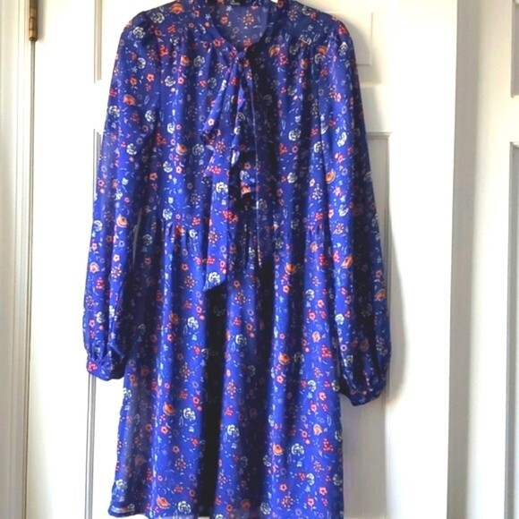 FOREVER 21 Blue floral dress boho cottage prairie puff sleeve ruffle large - Picture 1 of 10